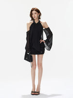 Halter Ruched Bell Sleeve Mini Dress
