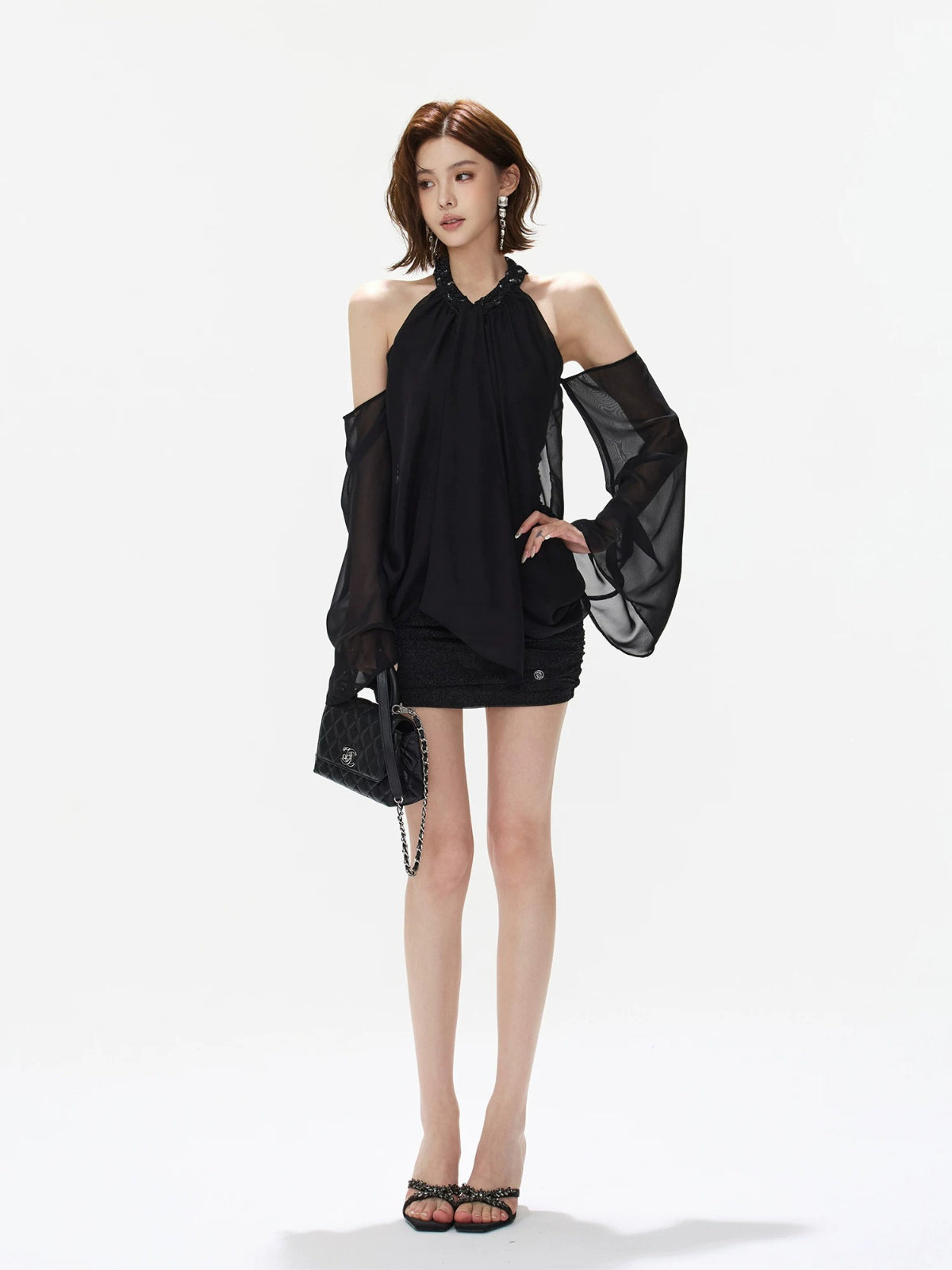 Halter Ruched Bell Sleeve Mini Dress