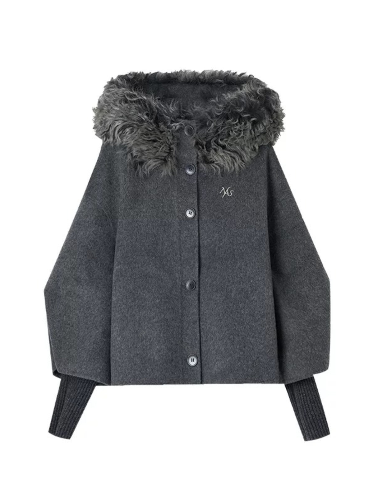 Shearling Collar Wool Cashmere Cape Coat