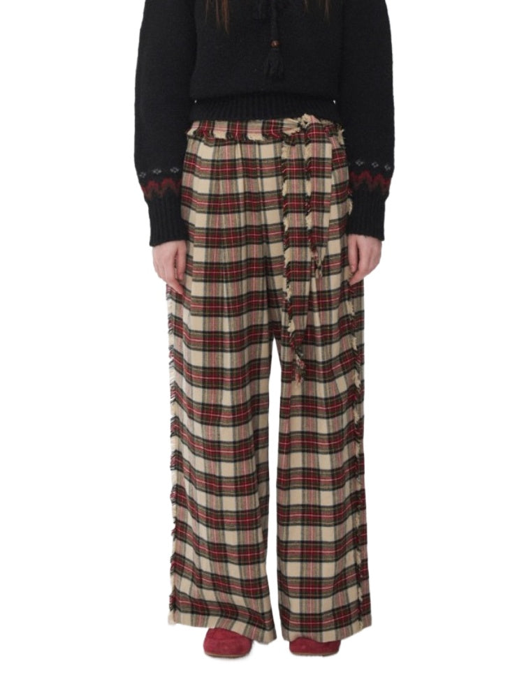 Vintage Red Plaid Brushed Cotton Wide-Leg Pants