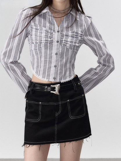 Black Denim 2-in-1 Studded Frayed Mini Skirt