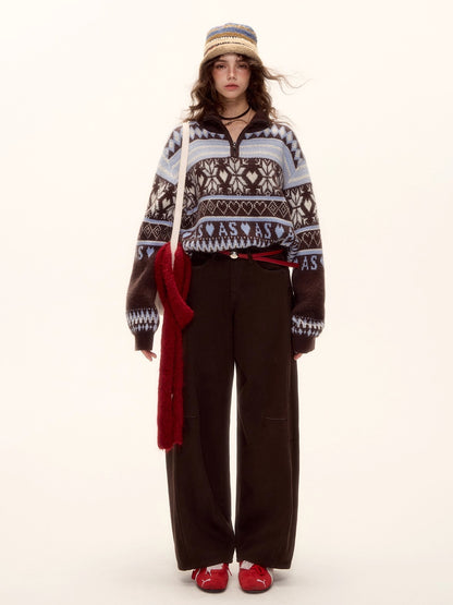 Fair Isle Half-Zip Fringed Knit Sweater
