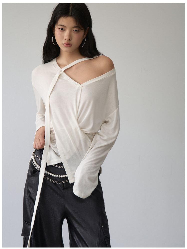 V-Neck Drawstring Waist Buttoned Blouse