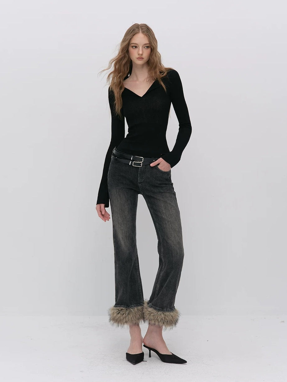 Ribbed Wool Polo Top