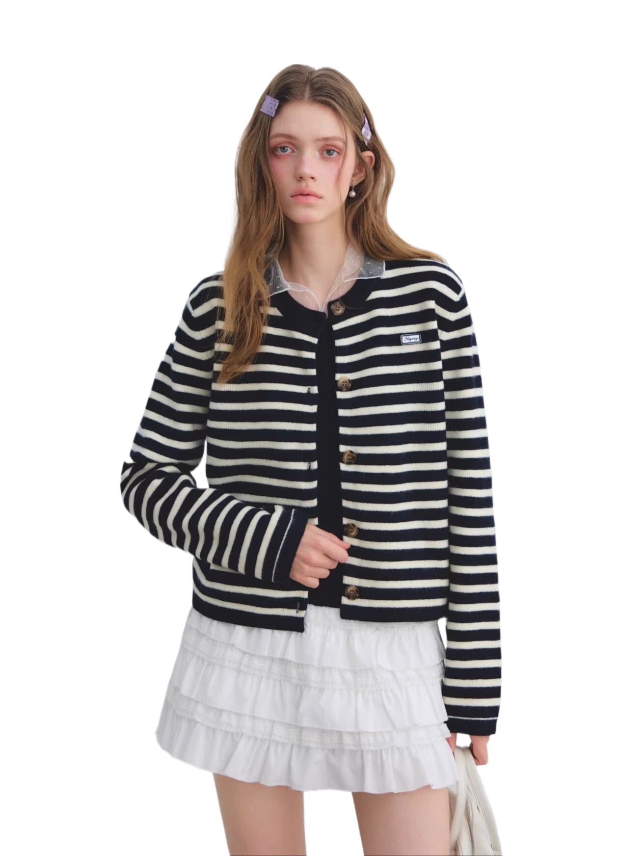 Wool Blend Striped Crewneck Knit Cardigan