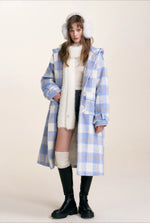 Blue Check Hooded Wool Coat