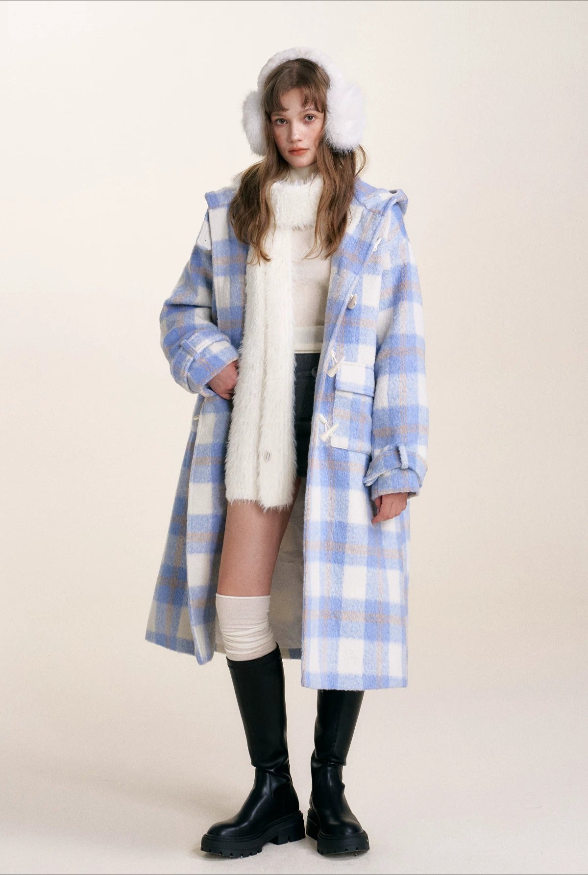 Blue Check Hooded Wool Coat