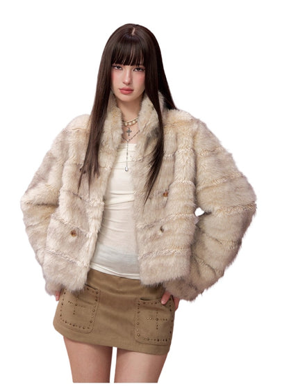 Apricot Double-Breasted Fur Jacket