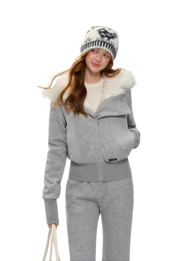 Fleece Waist-Tightening Fur Hoodie &amp; Pants Set