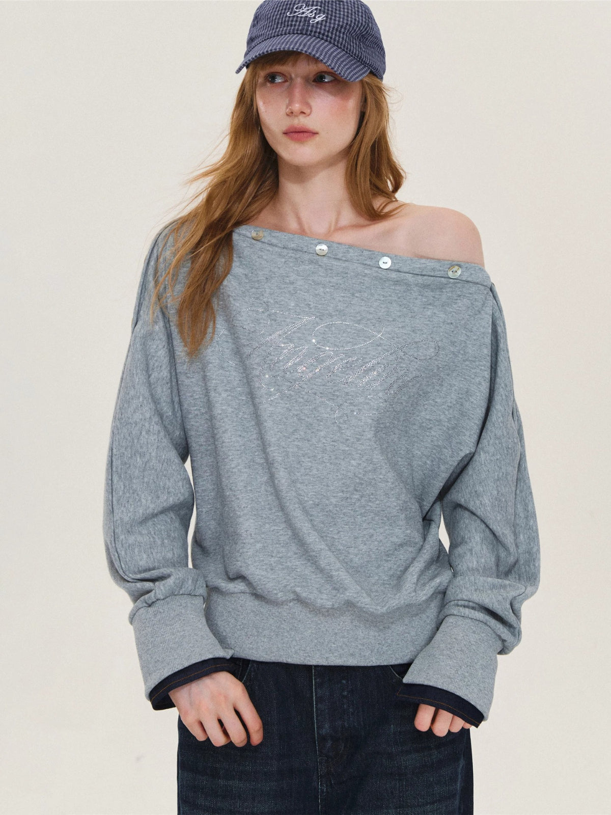 Rhinestone Button Off-Shoulder Sweatshirt