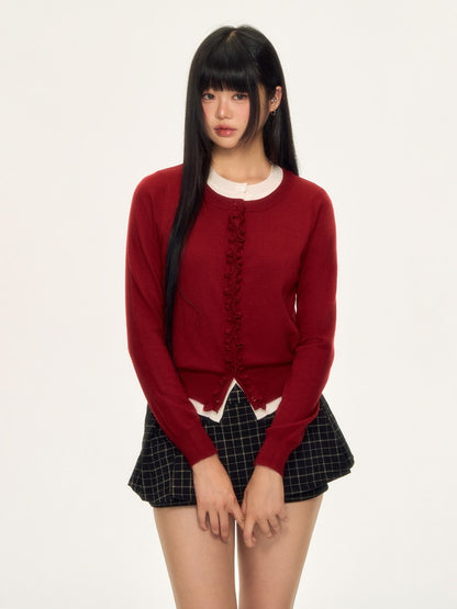 Red Layered Ruffle Trim Knit Pullover