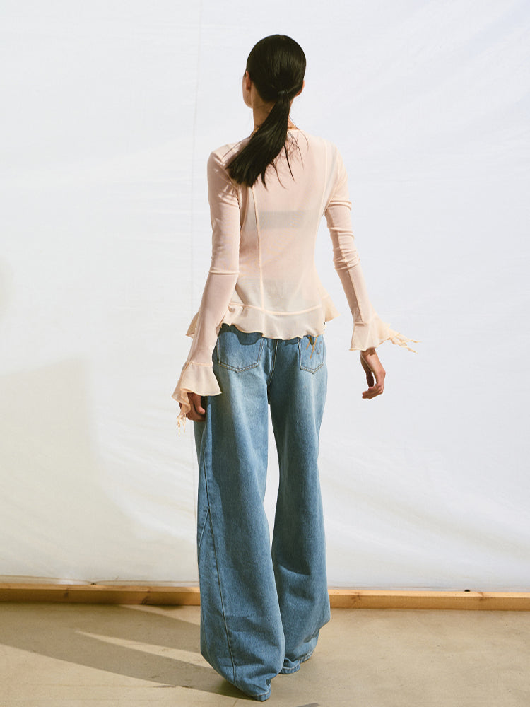 V-Neck Ruffle Mesh Overlay Top