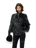 Oversized Double-Breasted PU Leather Jacket