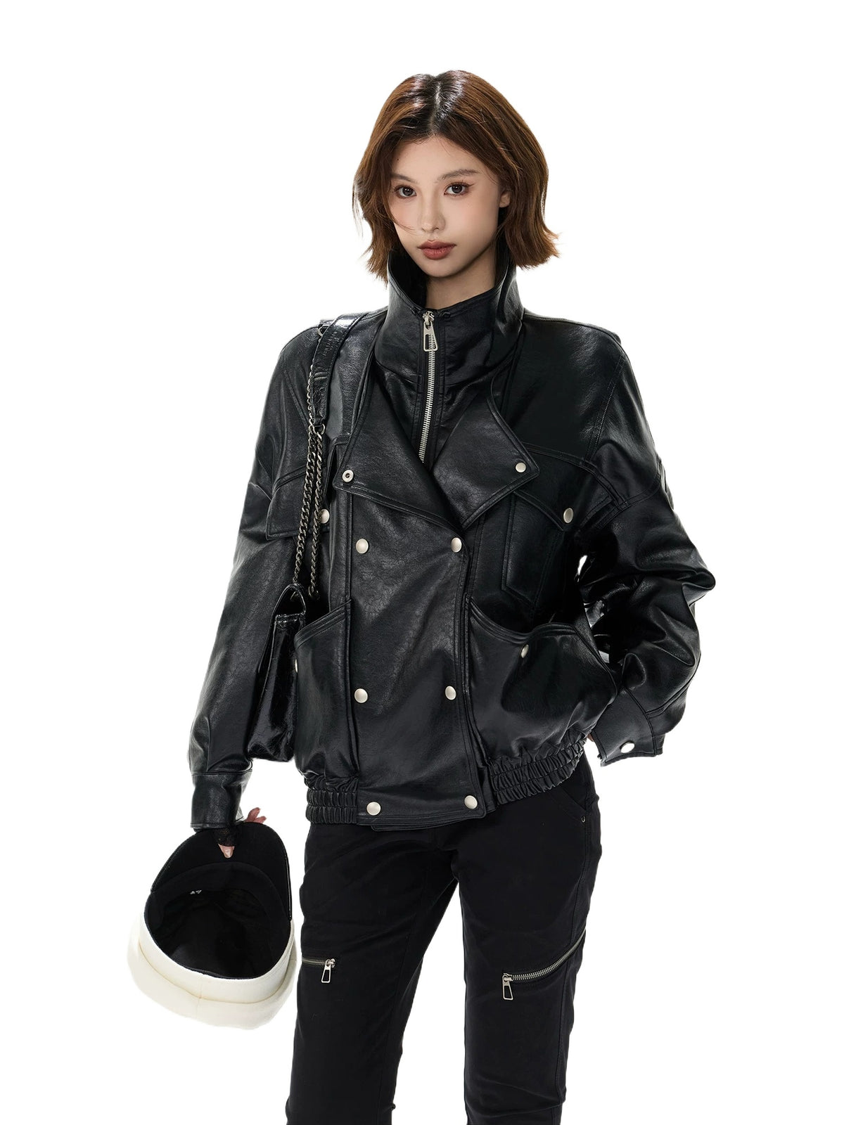 Oversized Double-Breasted PU Leather Jacket