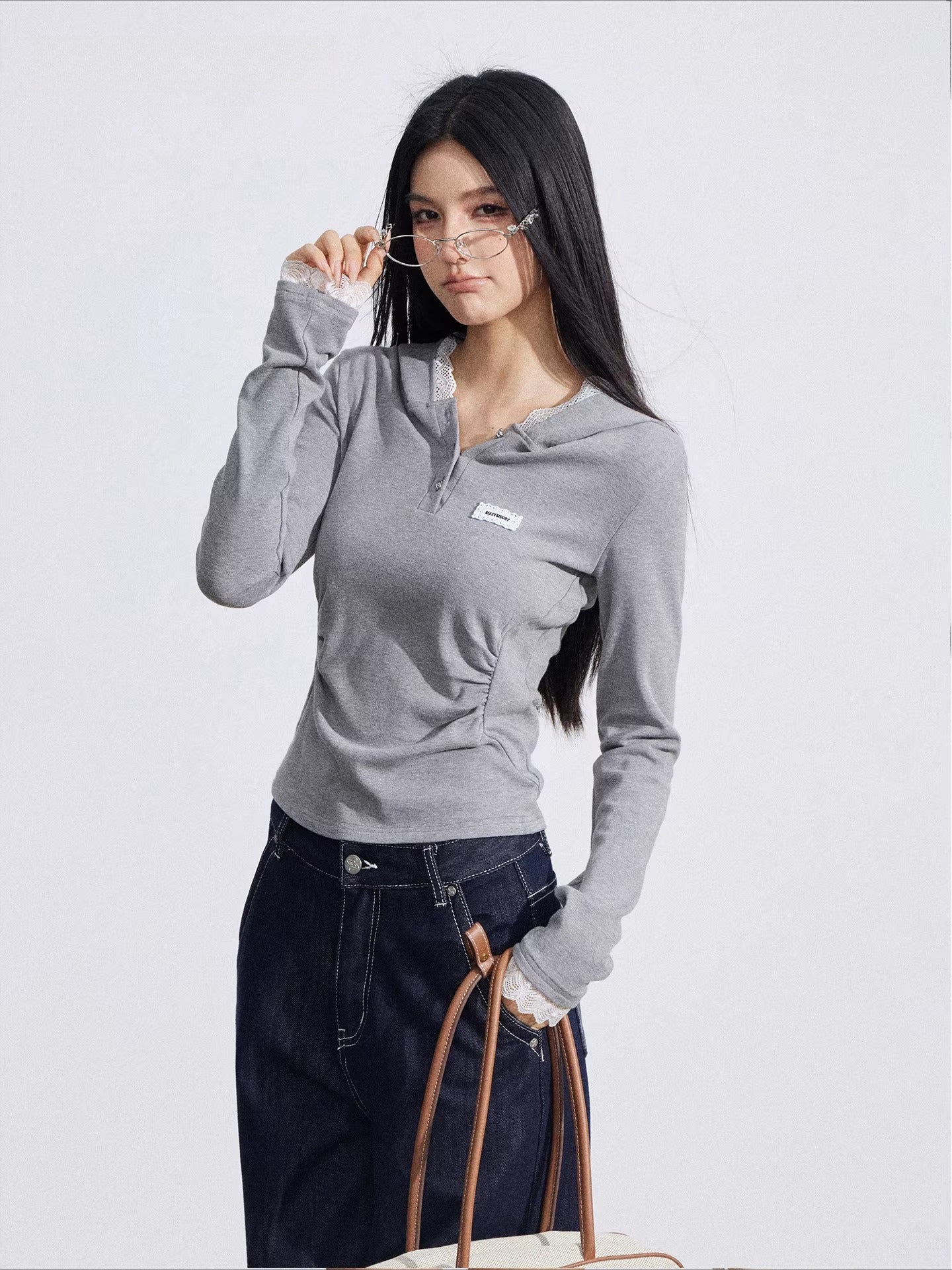 Beige &amp; Gray Lace Hooded Tee