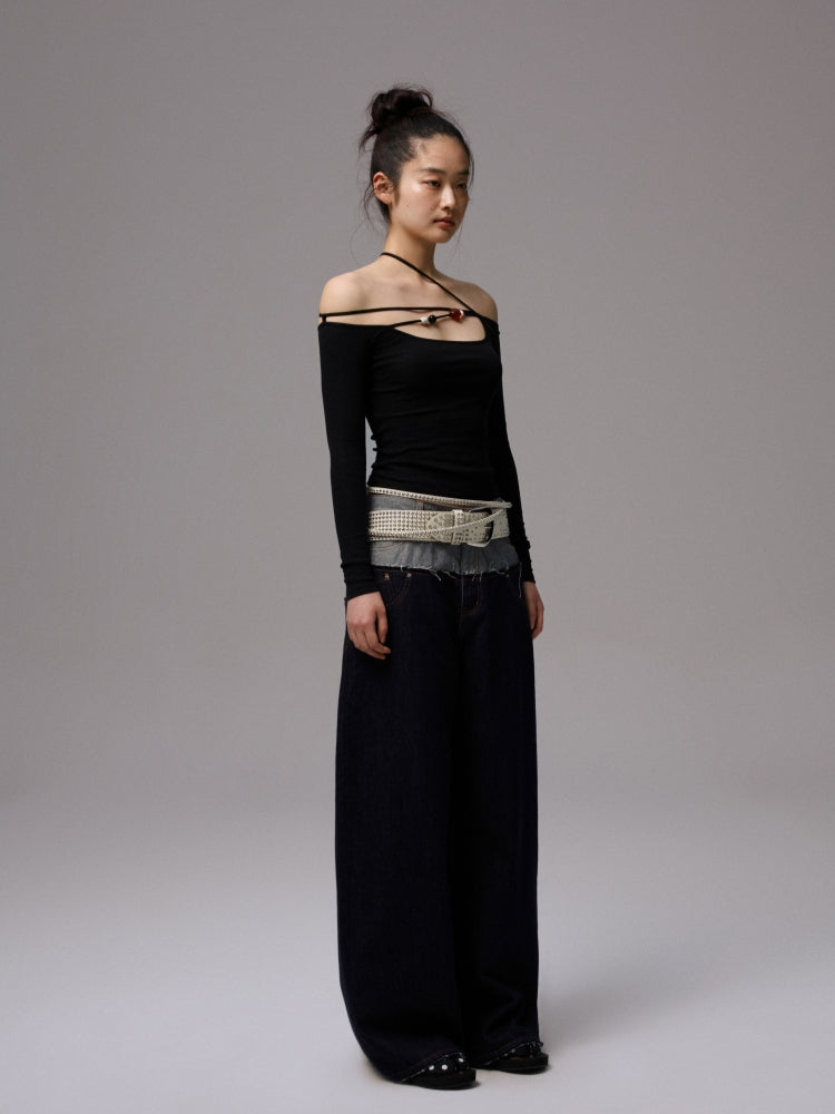 One-Shoulder Beaded Strappy Solid Color T-Shirt