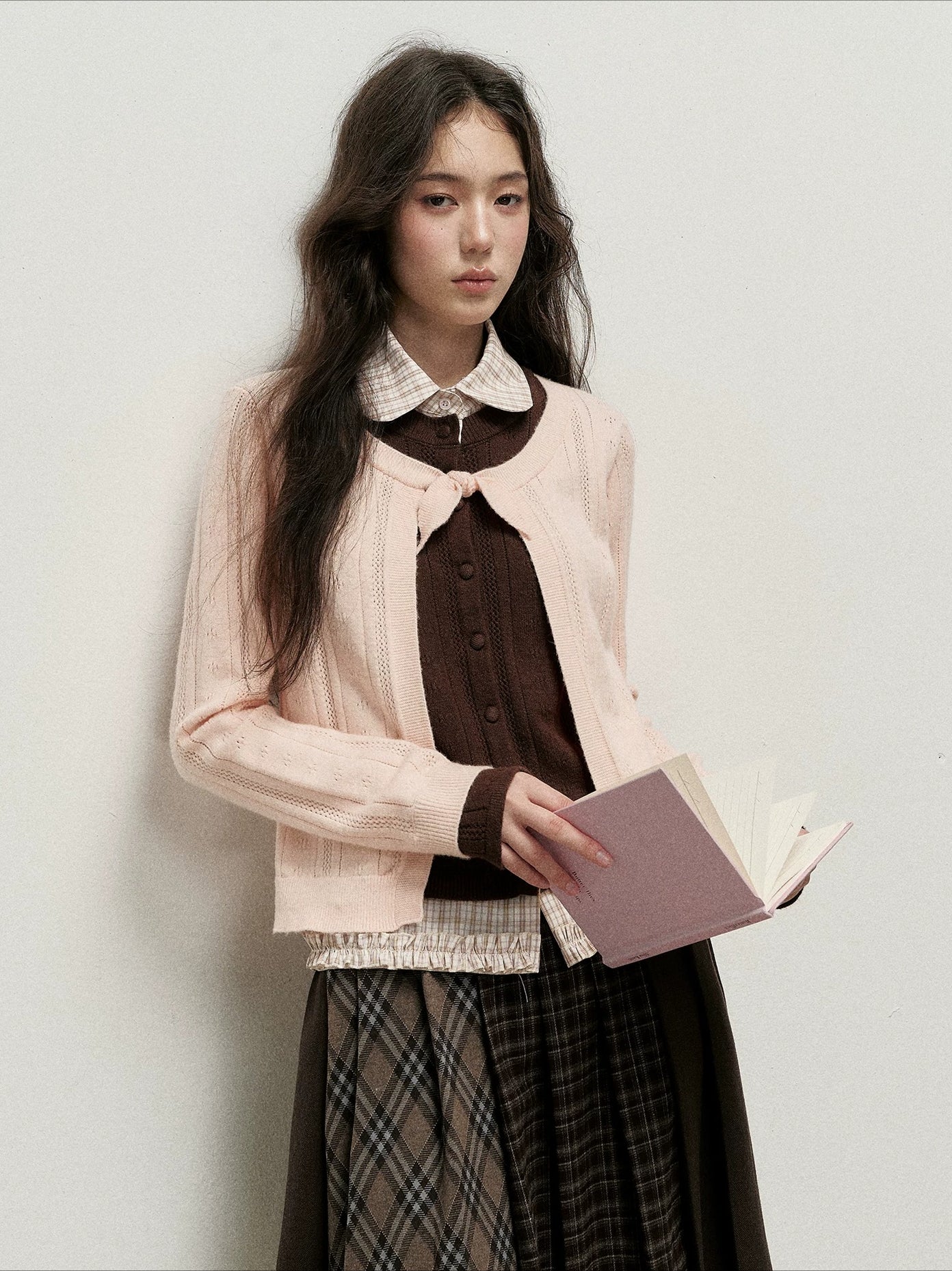 Plaid Collar Layered Knit Top