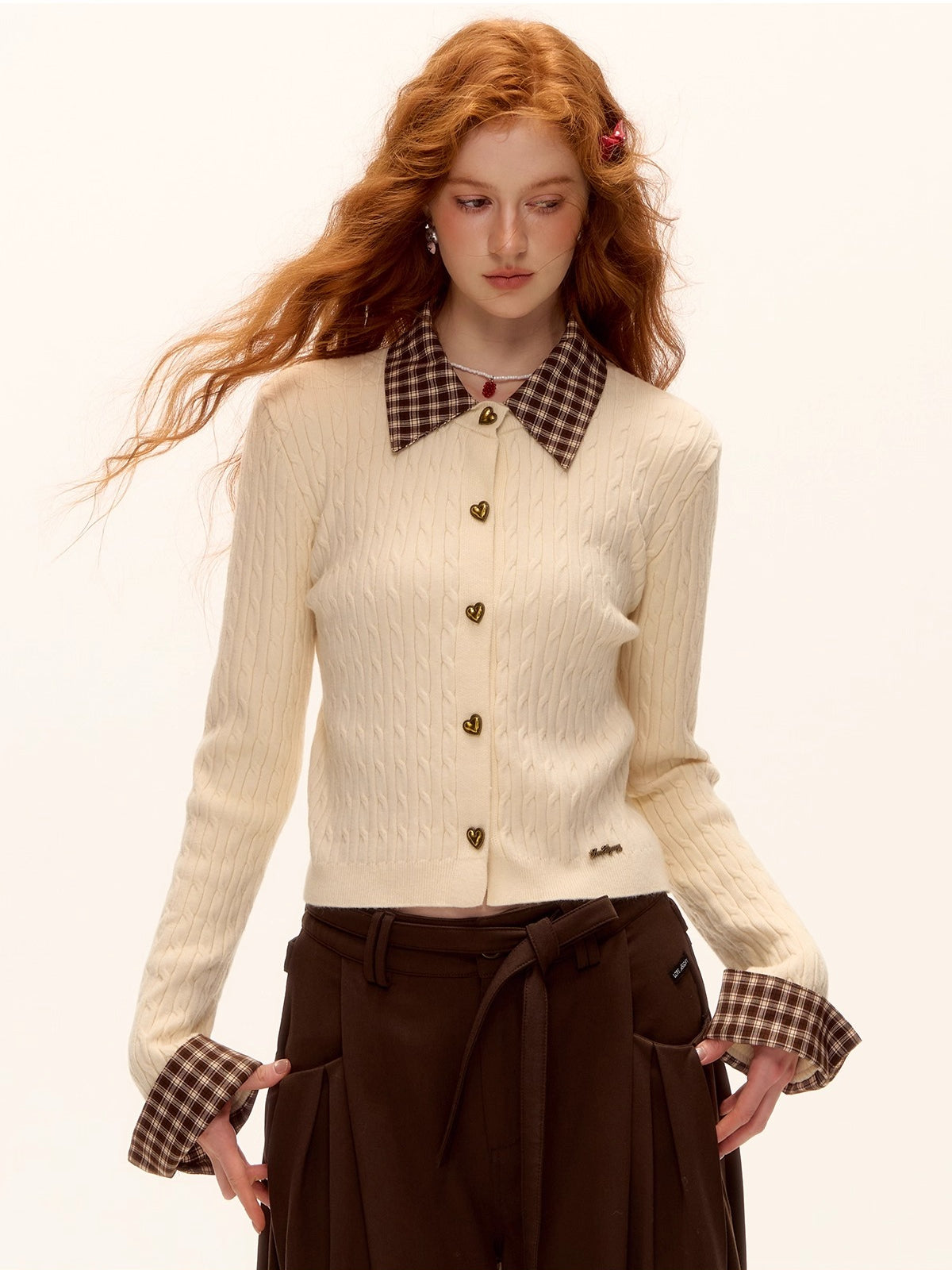 Plaid-Collar Cable Knit Top