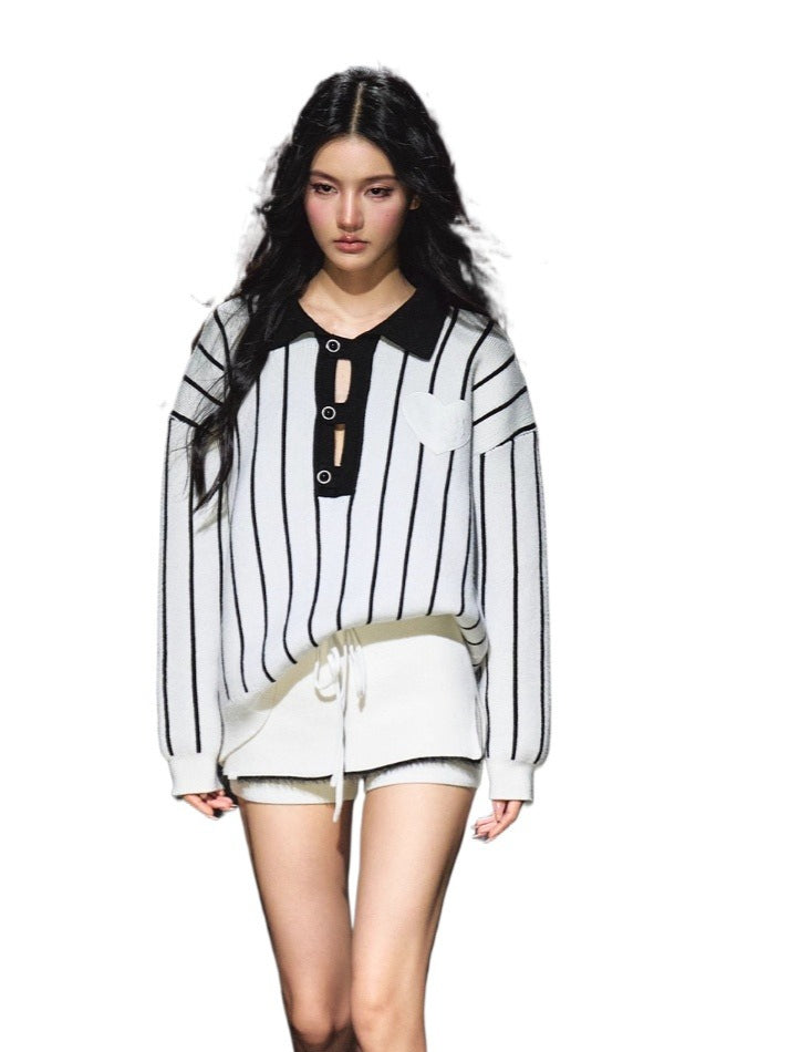 Striped Knit Polo T-Shirt &amp; Contrast Trim Skort Set