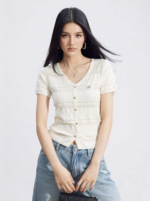 V-Neck Hollow Knit Top