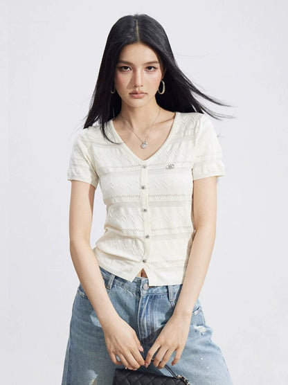 V-Neck Hollow Knit Top