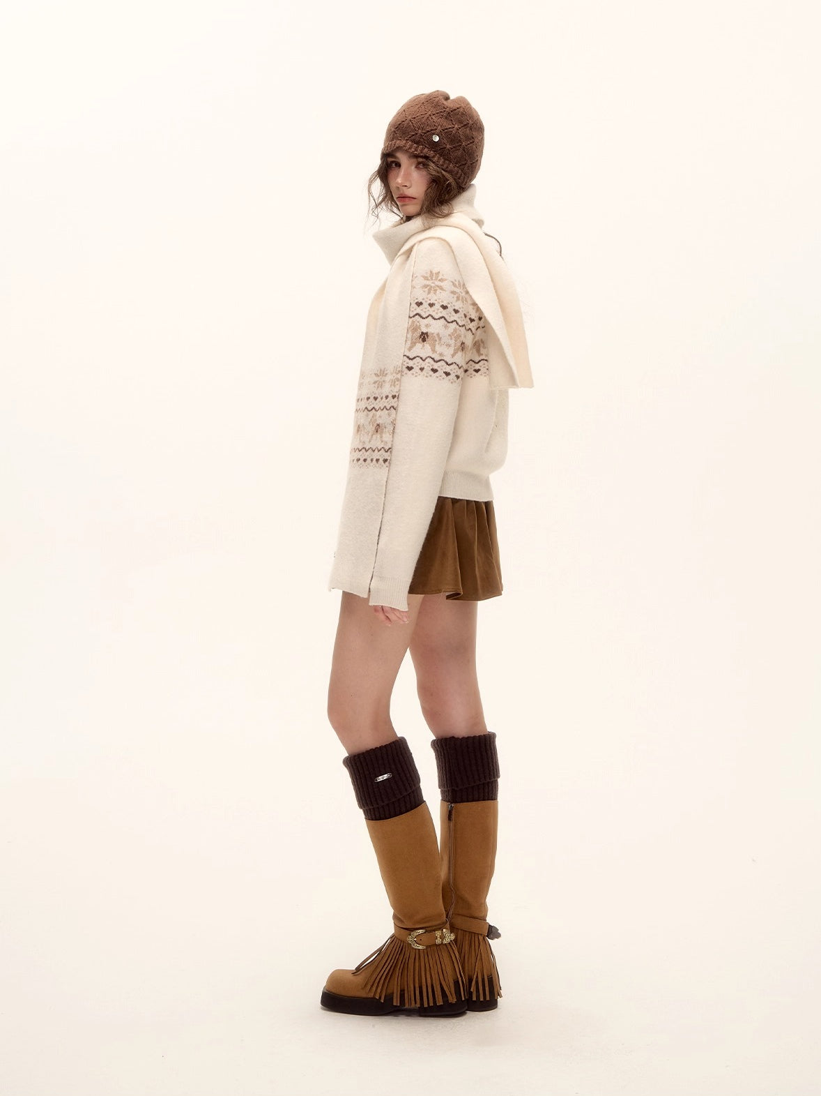 Fair Isle Knit Cardigan and Scarf Set