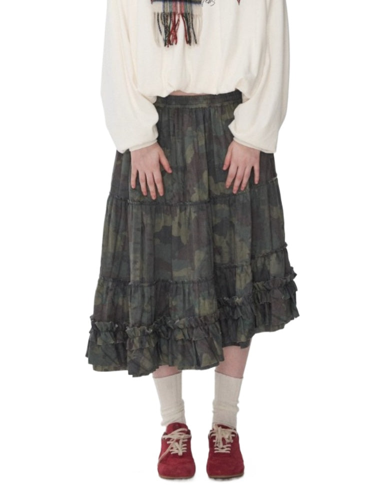 Camouflage Frayed Ruffle Layered Skirt
