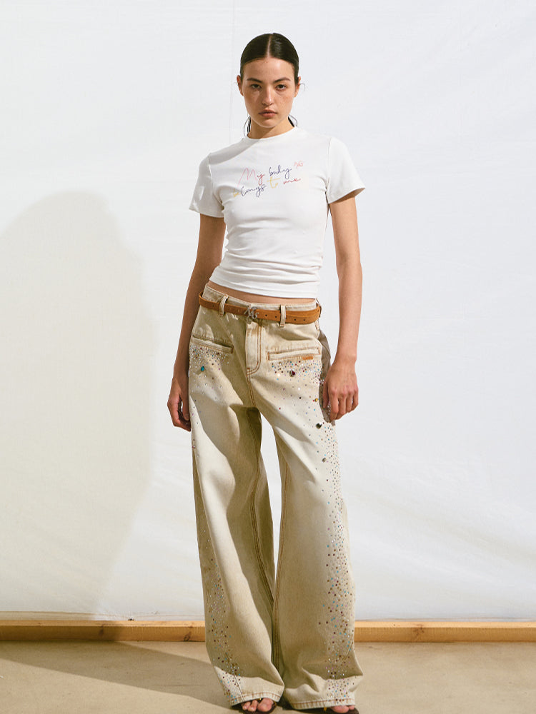 Gradient Rhinestone Mid-Waist Slim Fit Women&