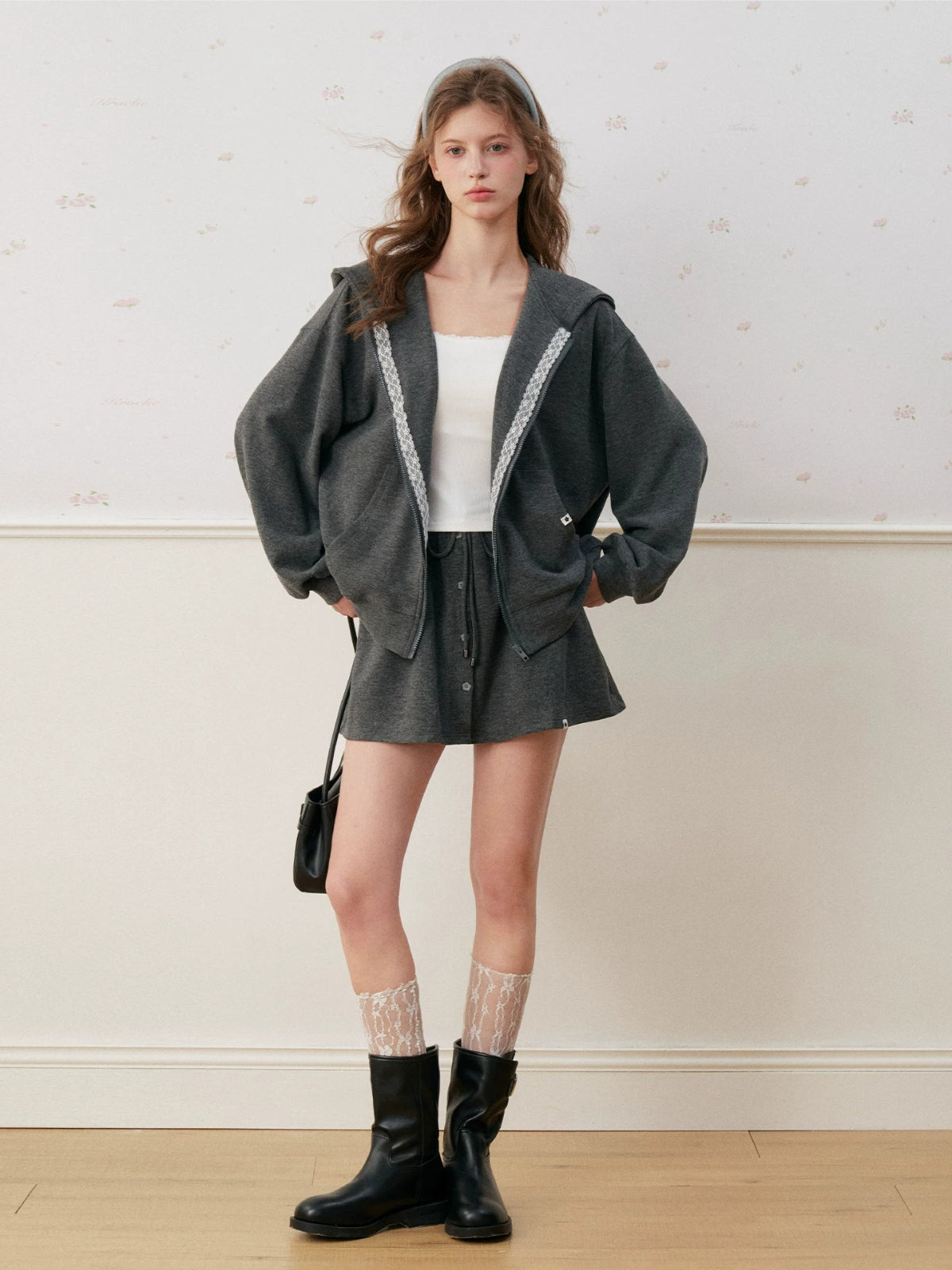 Lace Trim Hoodie &amp; Skirt Set
