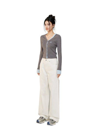 Letter Embroidery Denim Wide-Leg Pants