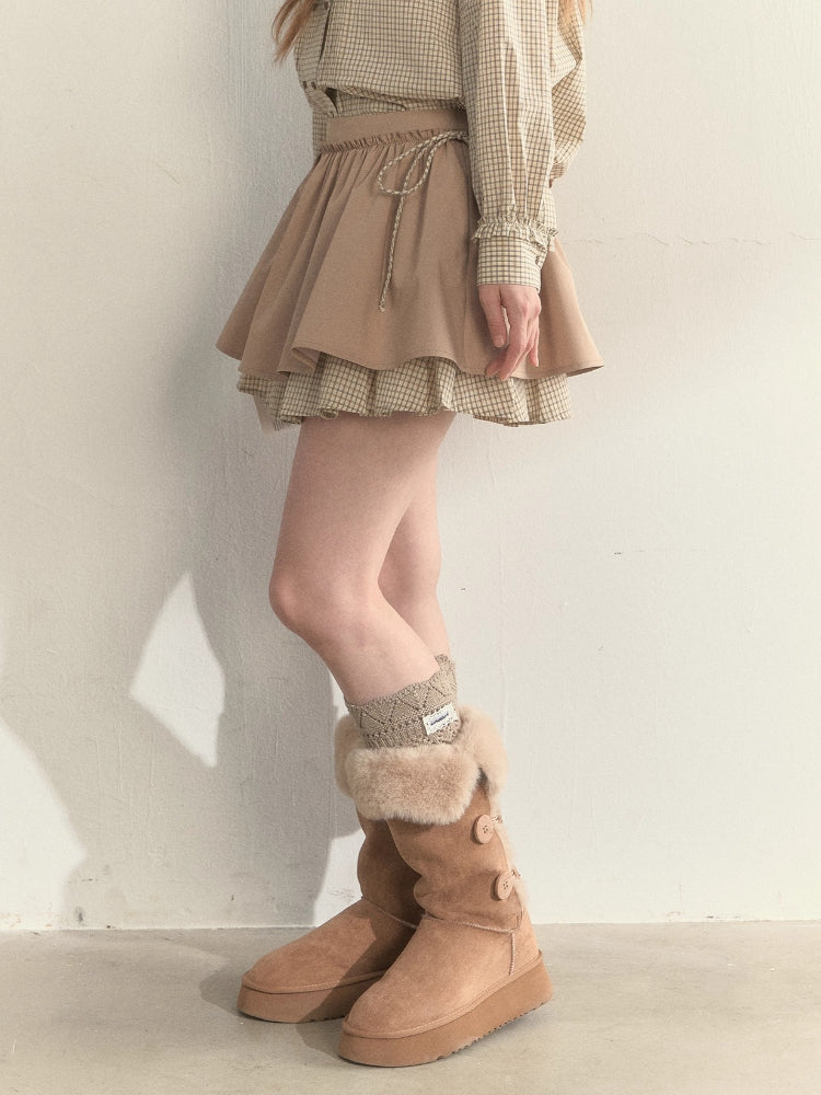 Khaki Two-Layer Ruffle Skirt