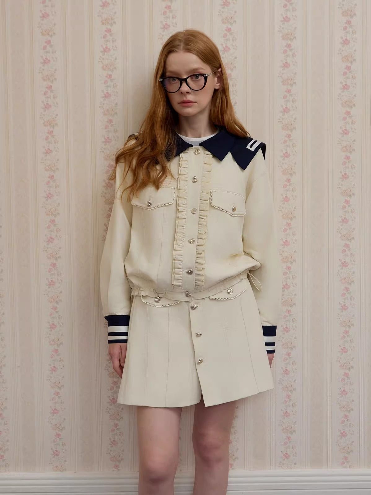 Naval Collar Vintage Stylish Jacket &amp; Skirt Set