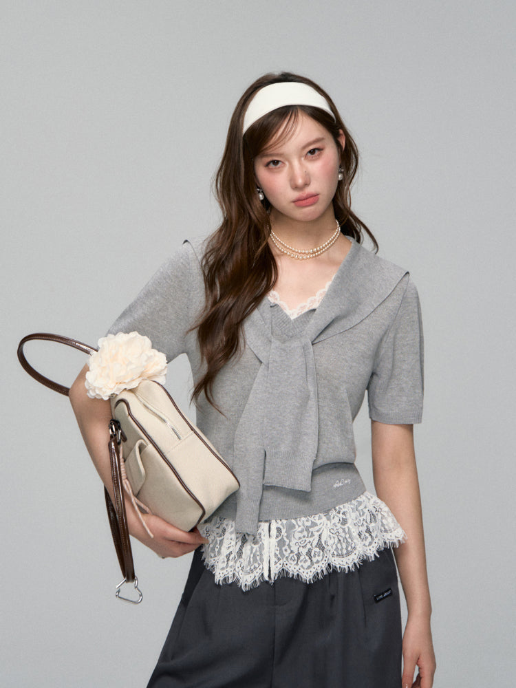 V-neck Lace Knit Short-sleeve T-shirt