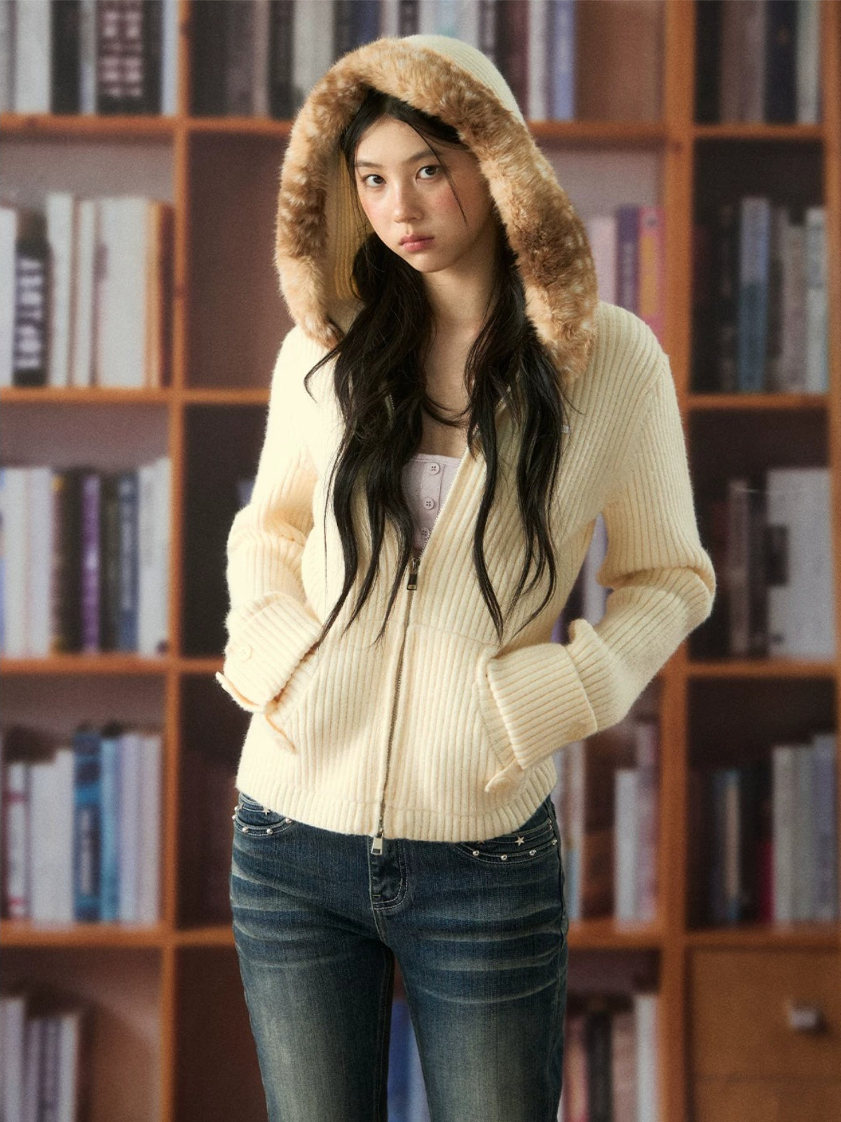 Fawn Fur Collar Ribbed Knit Cardigan