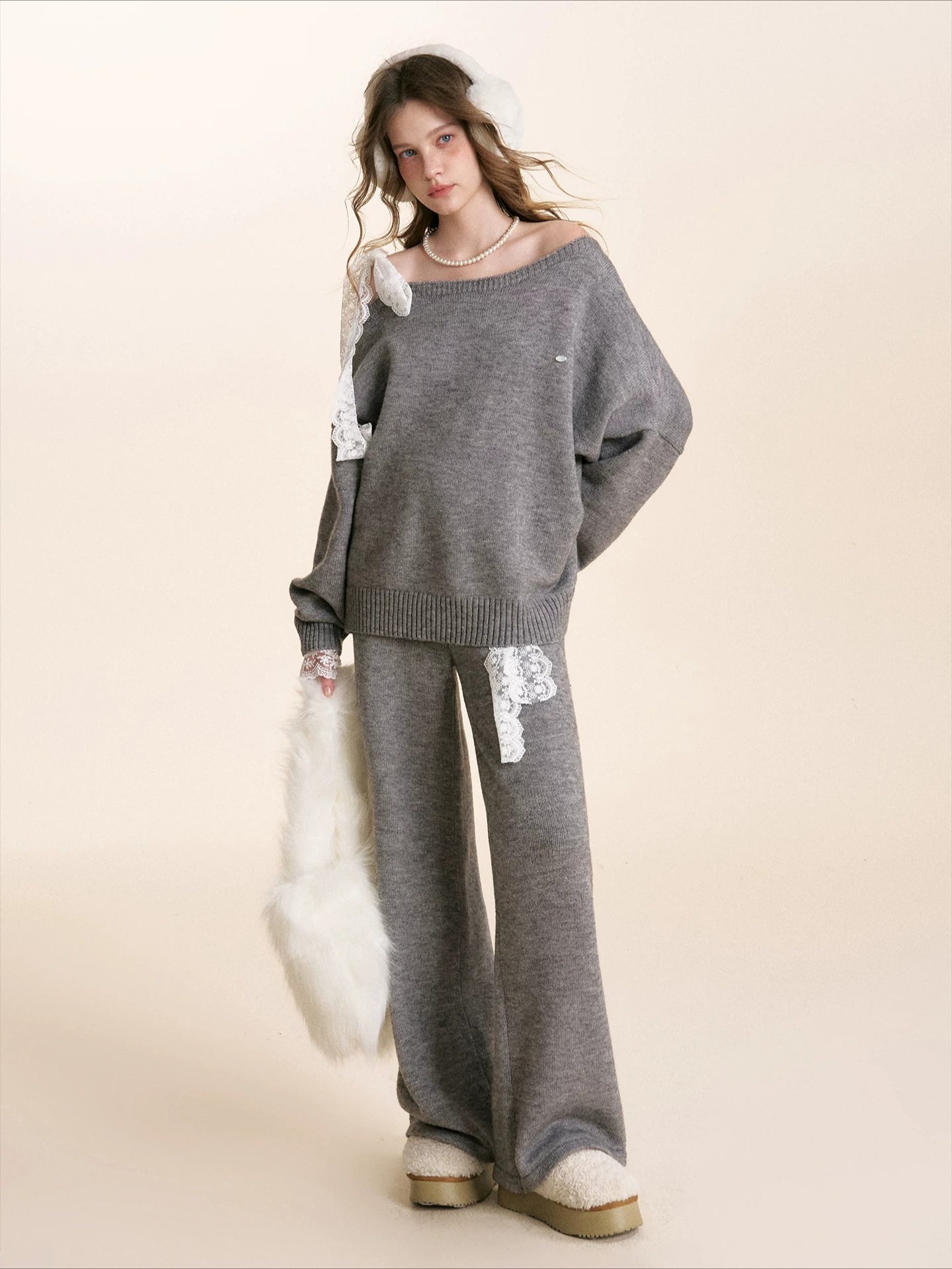 Gray &amp; Apricot Lace-Tie Knit Set