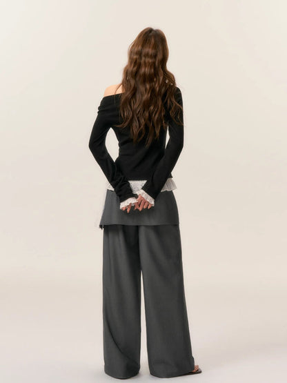 Patchwork Fake Two-Piece Wide-Leg Suit Pants