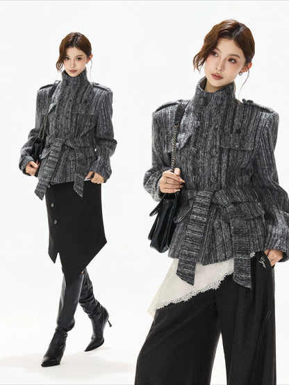 Gray Belted Tweed Coat