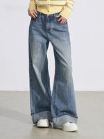 Blue Embroidered Cuff Wide Jeans