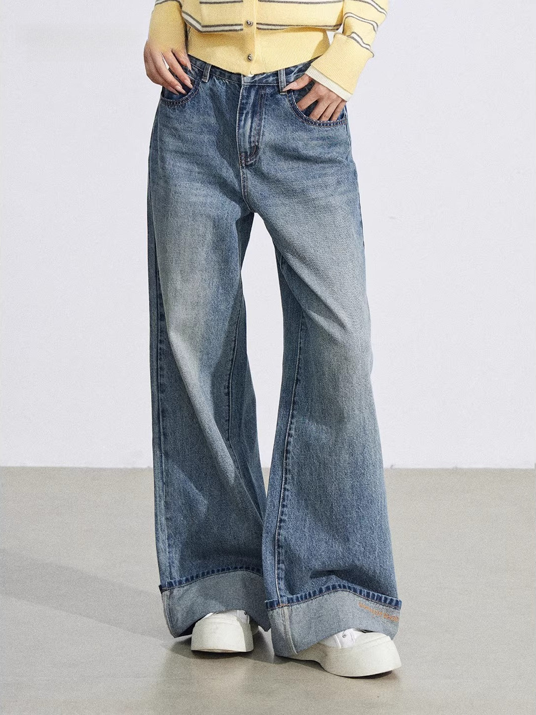 Blue Embroidered Cuff Wide Jeans