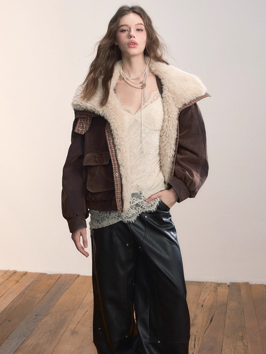 Velvet Denim Oversized Fur Collar Down Jacket