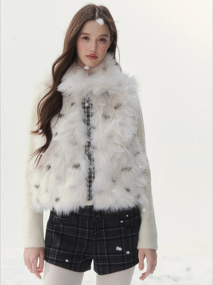 Polka-Check Reversible Faux-Fur Vest