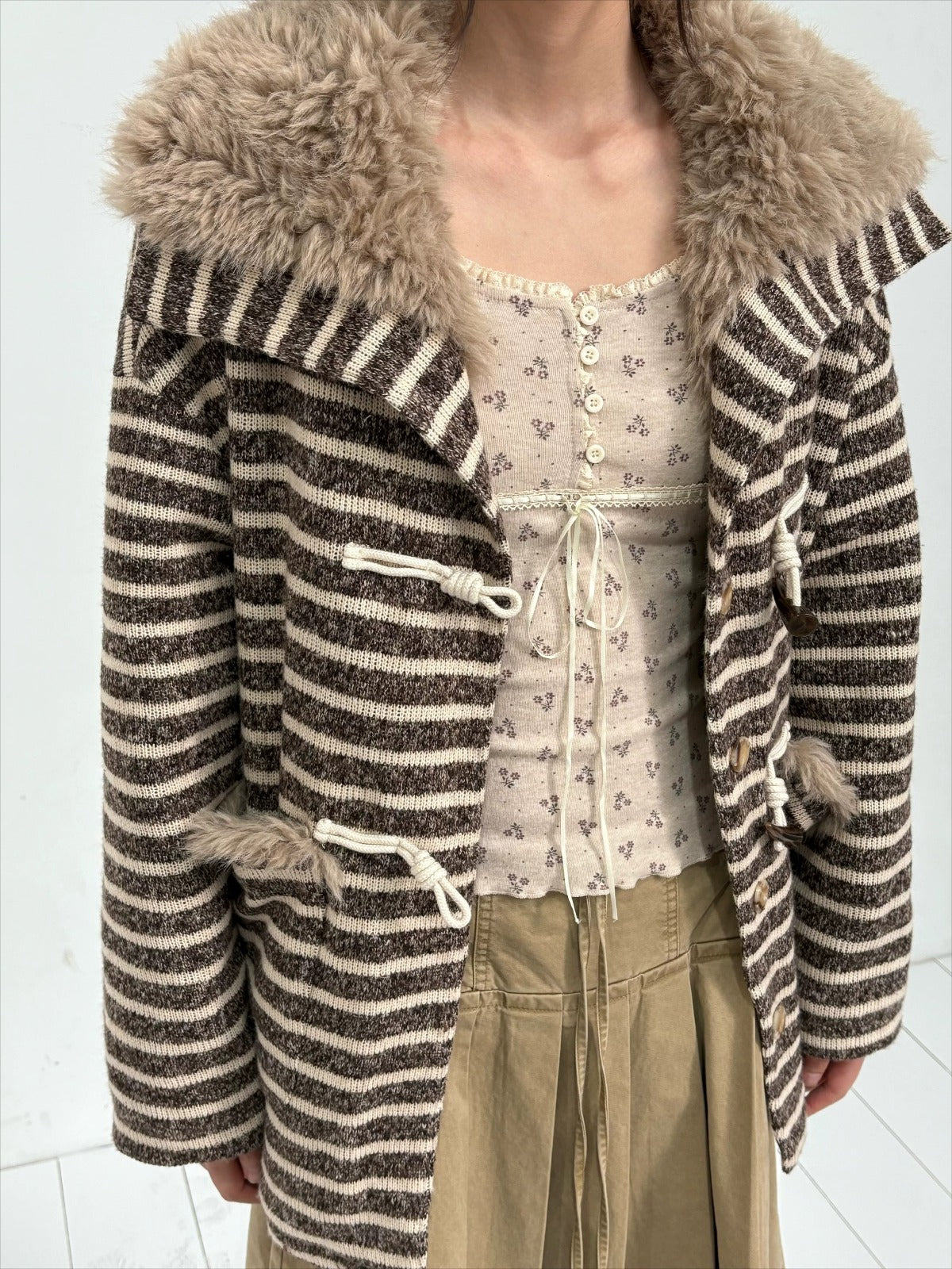 Striped Horn-Button Collar Coat