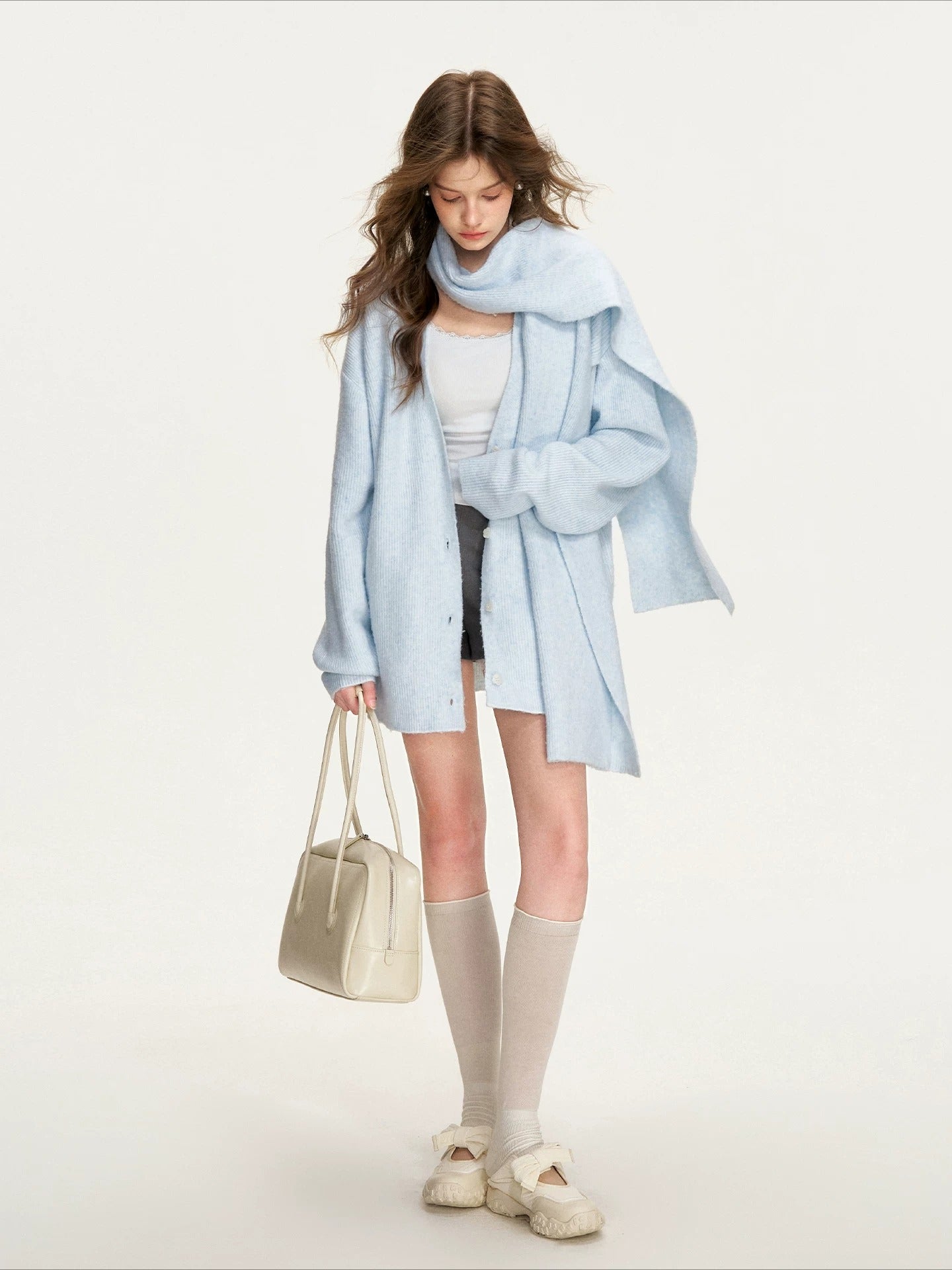 Mock-Layer Scarf Collar Chunky Cardigan