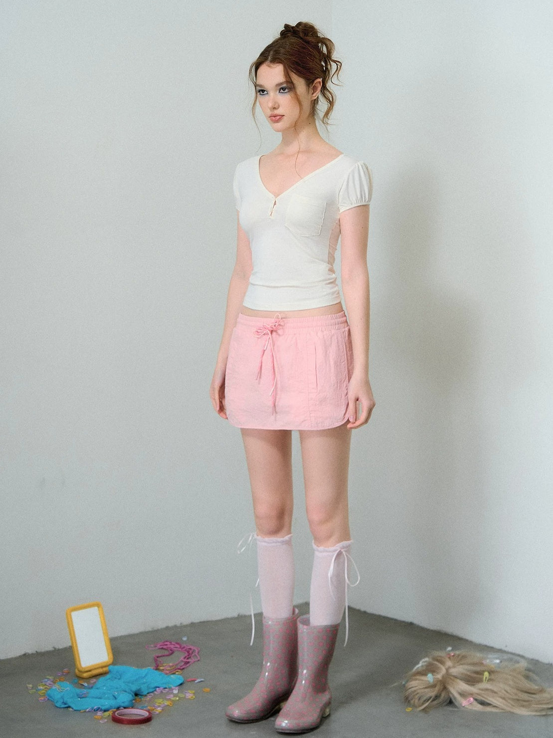 Two-Tone Drawstring Mini Skirt