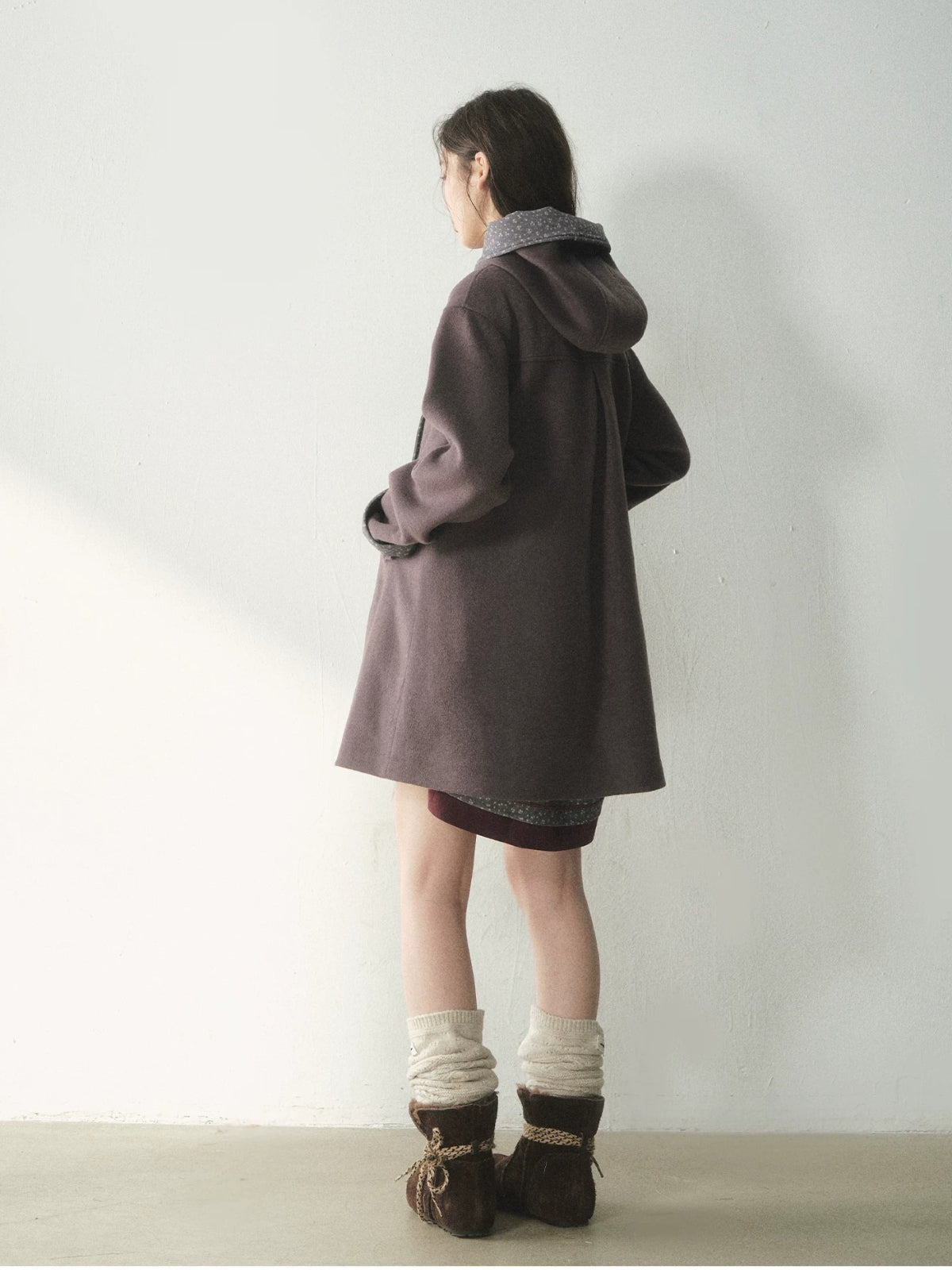 Double-Breasted Floral Hooded Wool Coat