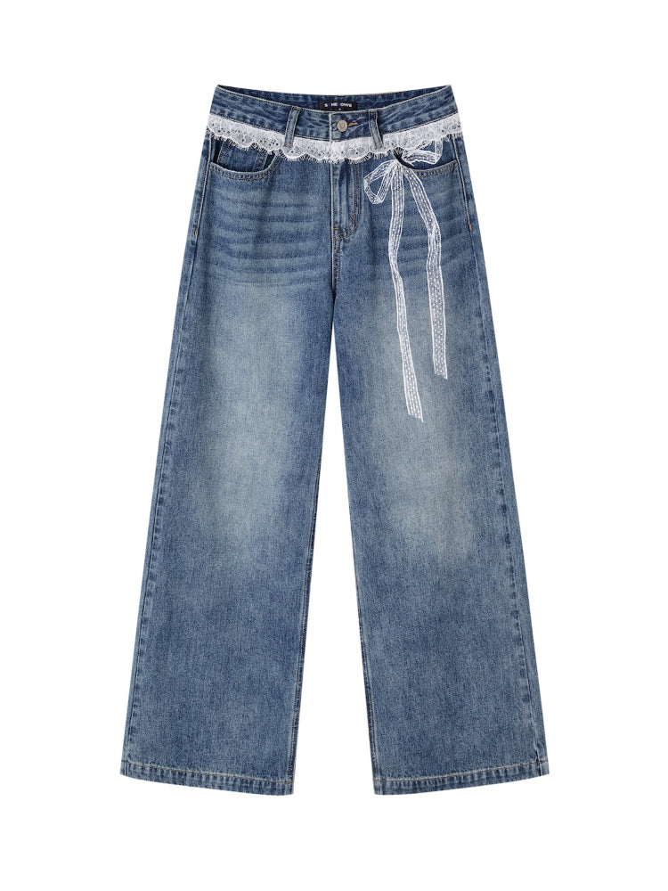 Lace Printed Wide-Leg Jeans