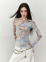 Printed Mesh Contrast-colored Long-sleeve T-shirt