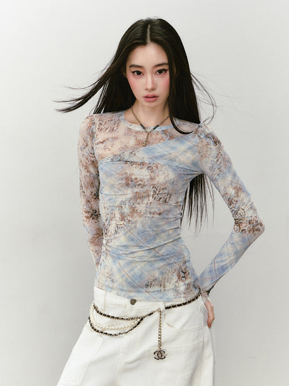 Printed Mesh Contrast-colored Long-sleeve T-shirt