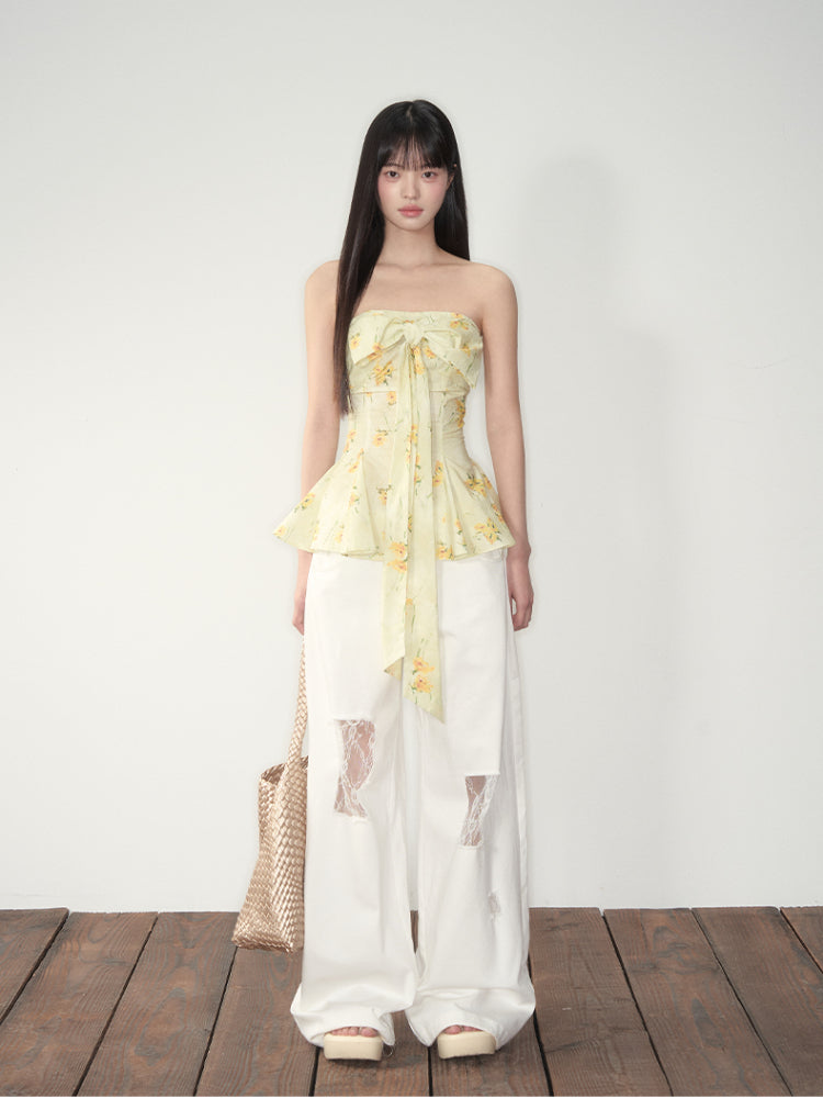 White Lace Splicing Denim Wide-Leg Pants