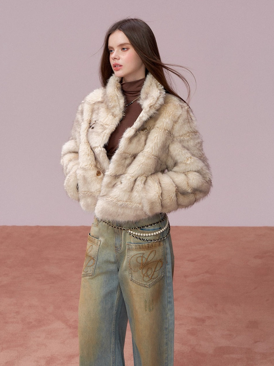 Apricot Double-Breasted Fur Jacket
